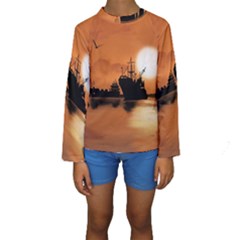 Digital Art Artwork Ship Boats Sea Kids  Long Sleeve Swimwear by Wegoenart