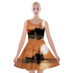 Digital Art Artwork Ship Boats Sea Velvet Skater Dress by Wegoenart