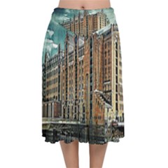 Architecture City Building Travel Velvet Flared Midi Skirt by Wegoenart