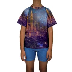 City Lights Skyline Buildings Kids  Short Sleeve Swimwear by Wegoenart