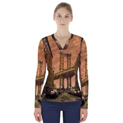 Architecture Buildings City Bridge V-neck Long Sleeve Top by Wegoenart