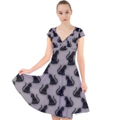 Black Cats On Gray Cap Sleeve Front Wrap Midi Dress by bloomingvinedesign