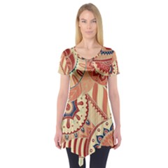 Pop Art Paisley Flowers Ornaments Multicolored 4 Short Sleeve Tunic  by EDDArt