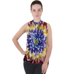 Rainbow Chrysanthemum Mock Neck Chiffon Sleeveless Top by bloomingvinedesign