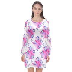 Blue Flowers On Pink Long Sleeve Chiffon Shift Dress  by bloomingvinedesign