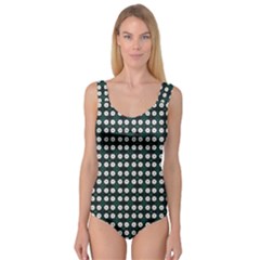 White Flower Pattern On Green Black Princess Tank Leotard  by BrightVibesDesign