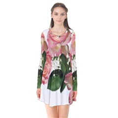 Roses Pink Leaves Flowers Perfume Long Sleeve V-neck Flare Dress by Simbadda