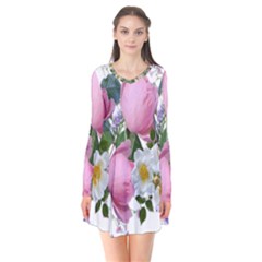 Flowers Roses Pink White Blooms Long Sleeve V-neck Flare Dress by Simbadda