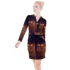 City Night Dark Architecture Lamps Button Long Sleeve Dress by Sudhe