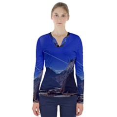 Saturn Landscape Mountains V-neck Long Sleeve Top by Simbadda