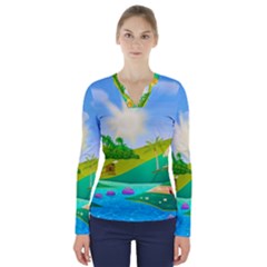 Tropical Resort Huts Lake River V-neck Long Sleeve Top by Simbadda