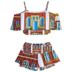 City Buildings Brick Architecture Kids  Off Shoulder Skirt Bikini by Simbadda