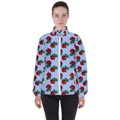 Red Roses Light Blue Women s High Neck Windbreaker by snowwhitegirl