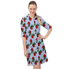 Red Roses Light Blue Long Sleeve Mini Shirt Dress by snowwhitegirl