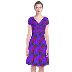 Red Roses Blue Purple Short Sleeve Front Wrap Dress by snowwhitegirl