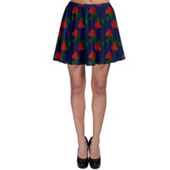 Red Roses Dark Blue Skater Skirt by snowwhitegirl