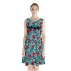 Red And Blue Green Floral Pattern Sleeveless Waist Tie Chiffon Dress by bloomingvinedesign