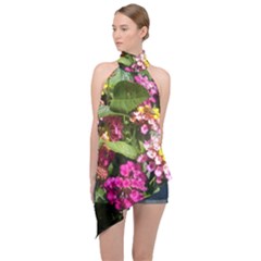 Summer Lantana W Bee Halter Asymmetric Satin Top by Riverwoman