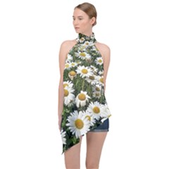 Columbus Commons Shasta Daisies Halter Asymmetric Satin Top by Riverwoman