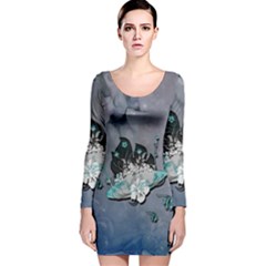 Sport, Surfboard With Flowers And Fish Long Sleeve Velvet Bodycon Dress by FantasyWorld7