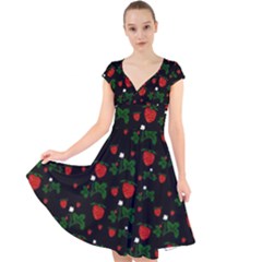 Strawberries Pattern Cap Sleeve Front Wrap Midi Dress by bloomingvinedesign