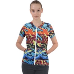 Graffiti Colourful Street Art Art Short Sleeve Zip Up Jacket by Simbadda