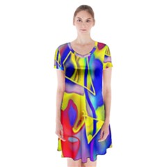 Yellow Triangles Abstract Short Sleeve V-neck Flare Dress by bloomingvinedesign