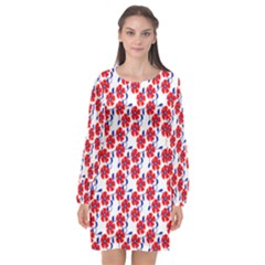 Red Flowers Blue Vines Long Sleeve Chiffon Shift Dress  by bloomingvinedesign