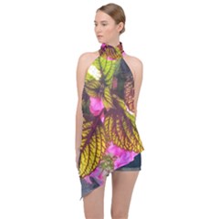 Coleus & Petunia Halter Asymmetric Satin Top by Riverwoman