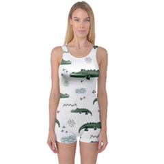 Vector Seamless Pattern With Cute Crocodiles One Piece Boyleg Swimsuit by Vaneshart