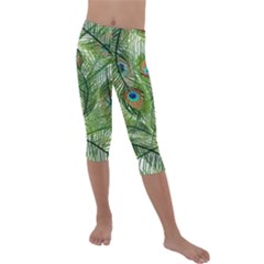 Peacock Feathers Pattern Kids  Lightweight Velour Capri Leggings  by Vaneshart