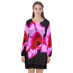 Pink And Red Tulip Long Sleeve Chiffon Shift Dress  by okhismakingart