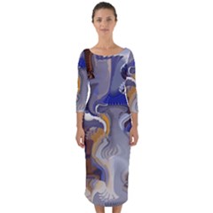 Cobalt Blue Silver Orange Wavy Lines Abstract Quarter Sleeve Midi Bodycon Dress by CrypticFragmentsDesign