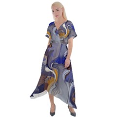 Cobalt Blue Silver Orange Wavy Lines Abstract Cross Front Sharkbite Hem Maxi Dress by CrypticFragmentsDesign