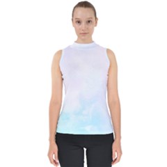 Pink Blue Blurry Pastel Watercolour Ombre Mock Neck Shell Top by Lullaby