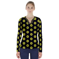 Pattern Yellow Stars Black Background V-neck Long Sleeve Top by Simbadda