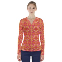  Pattern Abstract Orange V-neck Long Sleeve Top by Simbadda