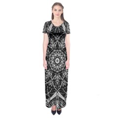 Black And White Pattern Monochrome Lighting Circle Neon Psychedelic Illustration Design Symmetry Short Sleeve Maxi Dress by Vaneshart