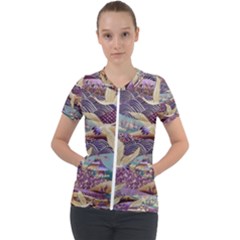 Textile Fabric Cloth Pattern Short Sleeve Zip Up Jacket by Wegoenart