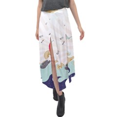 Mountain Sun Japanese Illustration Velour Split Maxi Skirt by Vaneshart