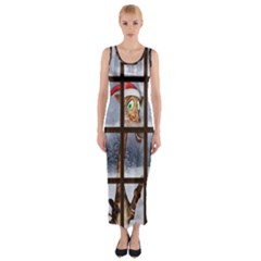 Funny Giraffe  With Christmas Hat Looks Through The Window Fitted Maxi Dress by FantasyWorld7