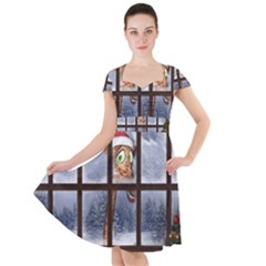 Funny Giraffe  With Christmas Hat Looks Through The Window Cap Sleeve Midi Dress by FantasyWorld7