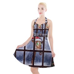 Funny Giraffe  With Christmas Hat Looks Through The Window Halter Party Swing Dress  by FantasyWorld7