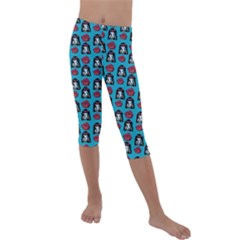 Girl Flower Pattern Blue Kids  Lightweight Velour Capri Leggings  by snowwhitegirl