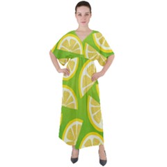 Lemon Fruit Healthy Fruits Food V-neck Boho Style Maxi Dress by Wegoenart