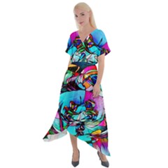 Abstract Flower Painting Cross Front Sharkbite Hem Maxi Dress by Wegoenart