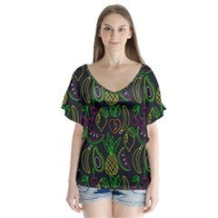 Neon Fruit Seamless Pattern V-neck Flutter Sleeve Top by Vaneshart