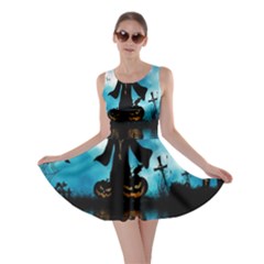 Funny Halloween Design With Skeleton, Pumpkin And Owl Skater Dress by FantasyWorld7