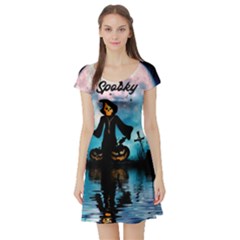 Funny Halloween Design With Skeleton, Pumpkin And Owl Short Sleeve Skater Dress by FantasyWorld7