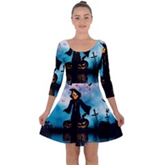 Funny Halloween Design With Skeleton, Pumpkin And Owl Quarter Sleeve Skater Dress by FantasyWorld7